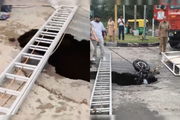 Bike Falls Into Ditch After Chandigarh Road Caves In